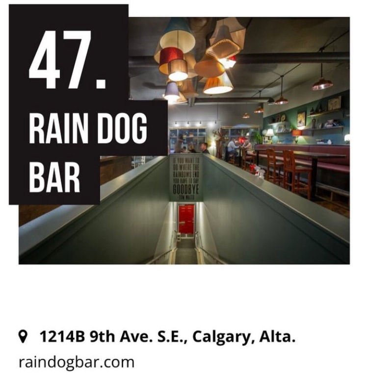 Picture, Canada's 100 best, Rain Dog Bar, Thank you, National Recognition, Inglewood Restaurant, YYC bar, Alberta Cicerone